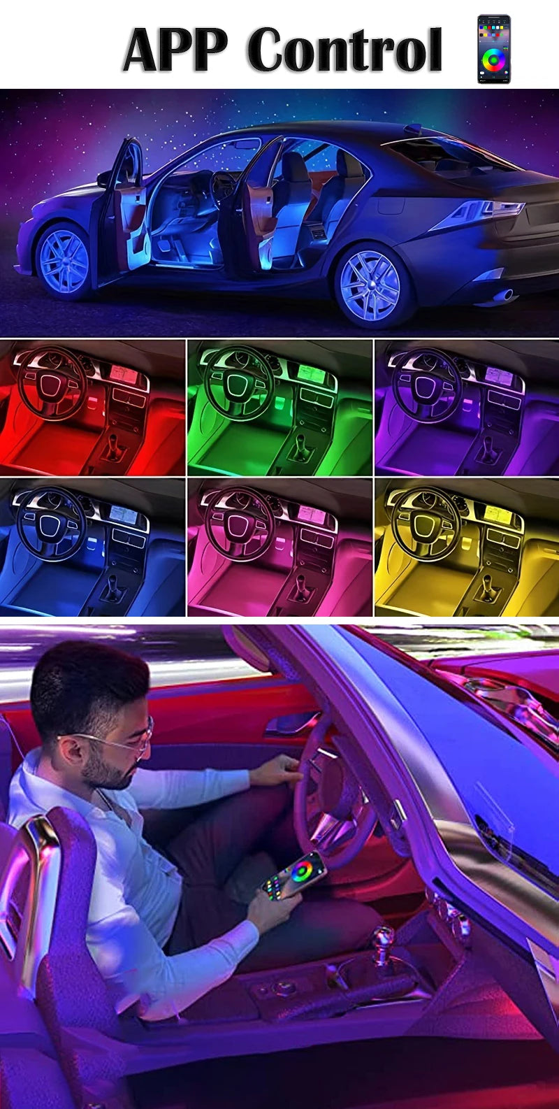RGB Car Light Strip – Music Sync, App Control, Multi-Color LED Interior Glow