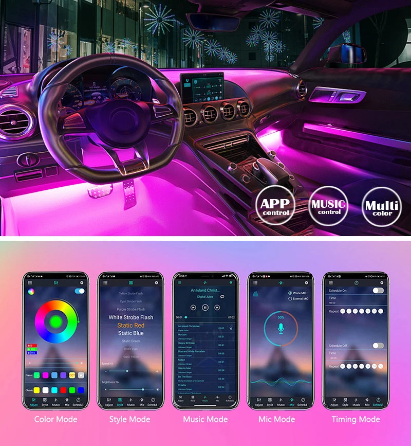 RGB Car Light Strip – Music Sync, App Control, Multi-Color LED Interior Glow